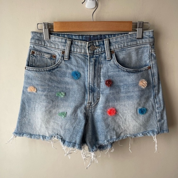 Lucky Brand Raw Edge Denim Jean Shorts Pom Poms 27 - Picture 1 of 10